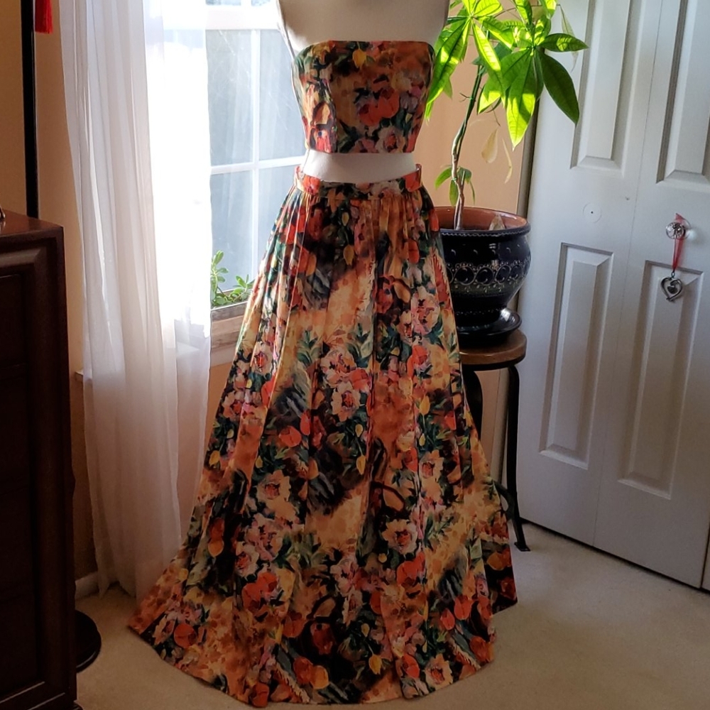 Floral Maxi Skirt and Cropped Tube Top - sz L